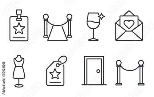 Event and party outline icons set – linear, vector, celebration and invitation graphics