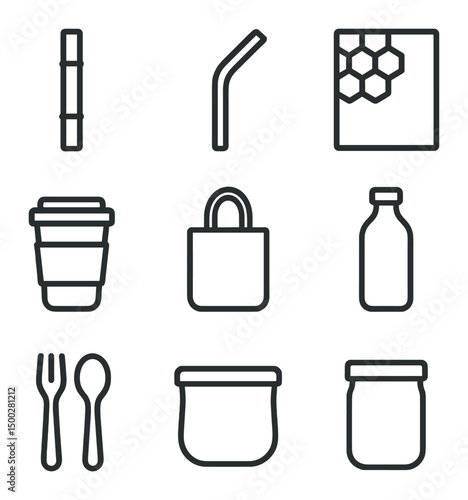 Eco-Friendly Icons. Outline icon set of alternatives to single-use plastics: bamboo straw, metal straw, beeswax wrap, reusable cup