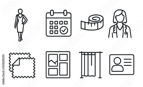 Fashion and tailoring outline icons set – linear, silhouette, design elements