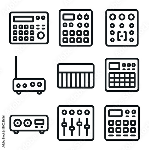 Electronic Instrument Icons. Outline icon set of electronic and digital instrument collection: drum machine, MIDI controller,