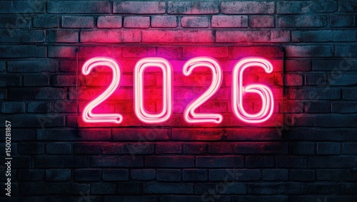 Neon pink 2026 sign on dark brick wall (1)