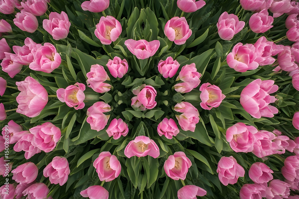 A symmetrical pattern of many pink tulips. A symmetrical pattern of many pink tulips.