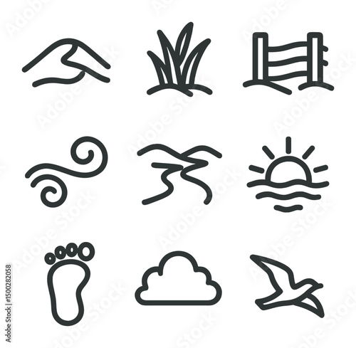 Coastal Dune Icons. Outline icon set of value stocks: discount price tag, margin of safety shield, book value icon, bargain graph,