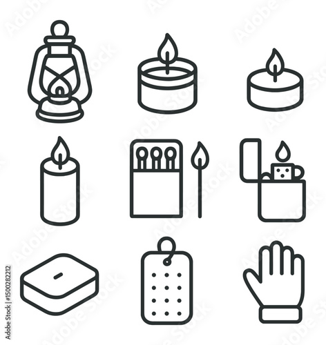 Emergency Candle Icons. Outline icon set of emergency and survival candles: hurricane lantern, emergency tin candle, camping