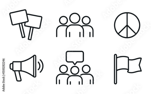 Protest and activism outline icons set – silhouette, peace, advocacy symbols