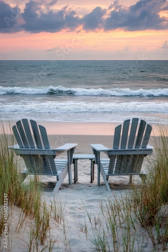 Two light gray Adirondack chairs on a sandy beach at sunrise