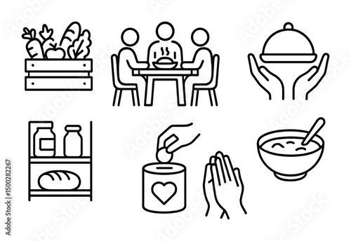 Community and charity line icons set – outline, giving, volunteer symbols