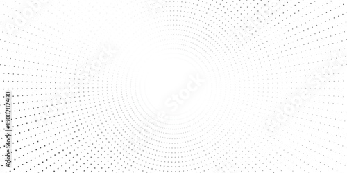 Radial halftone gradient background. Dotted concentric texture with fading effect. Black and white circle shade wallpaper. Grunge rough vector. Monochrome backdrop
