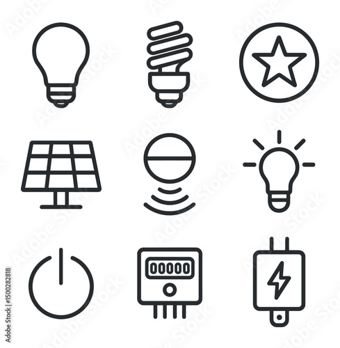 Energy-Efficient Icon Set. Outline icon set of energy-efficient lighting: LED bulb, CFL bulb, Energy Star badge, solar panel,