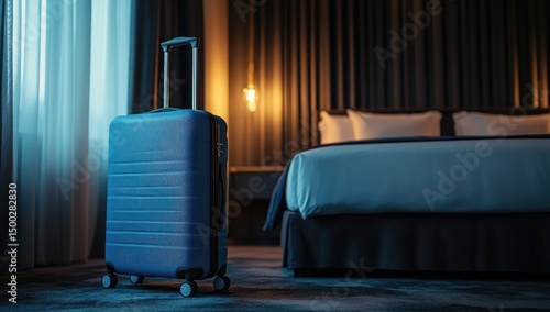 Blue suitcase in a modern hotel room at night
