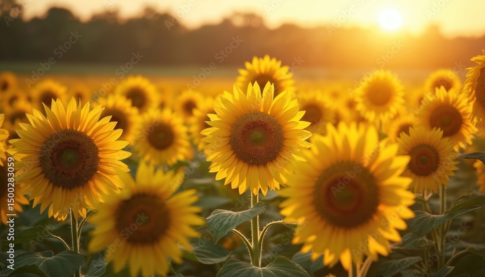 Obraz premium Field sunflowers illuminated by the golden light. Summer scenic landscape background with bright yellow flowers. Agriculture, nature, farming concept, golden hour, sunset, peaceful rural scene.
