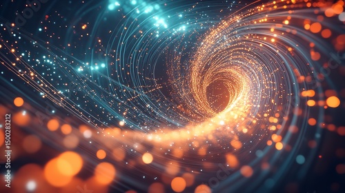 Glowing particles form elegant, swirling waves of light and color in a dark space.