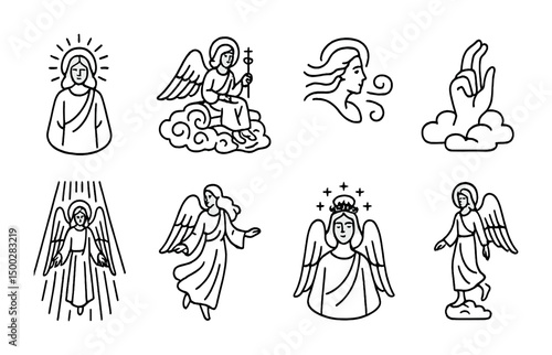 Divine and angelic outline icons set – celestial, spiritual, guardian symbols