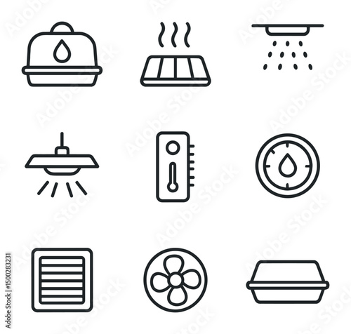 Environmental Control Icons. Outline icon set of environmental control: humidity dome, heat mat, misting system, grow light,