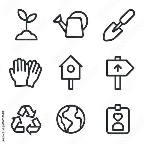 Environmental Icon Set. Outline icon set of environmental conservation: tree sapling, watering can, soil trowel, gardening gloves,