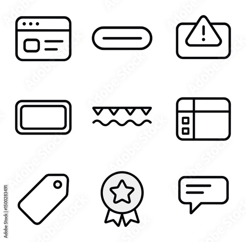 Color Clash Icons. Outline icon set of web UI color clashes: high-contrast navbar, gradient button, alert banner, neon hover