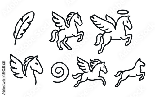 Mythical pegasus outline icons set – flat, silhouette, winged horse symbols