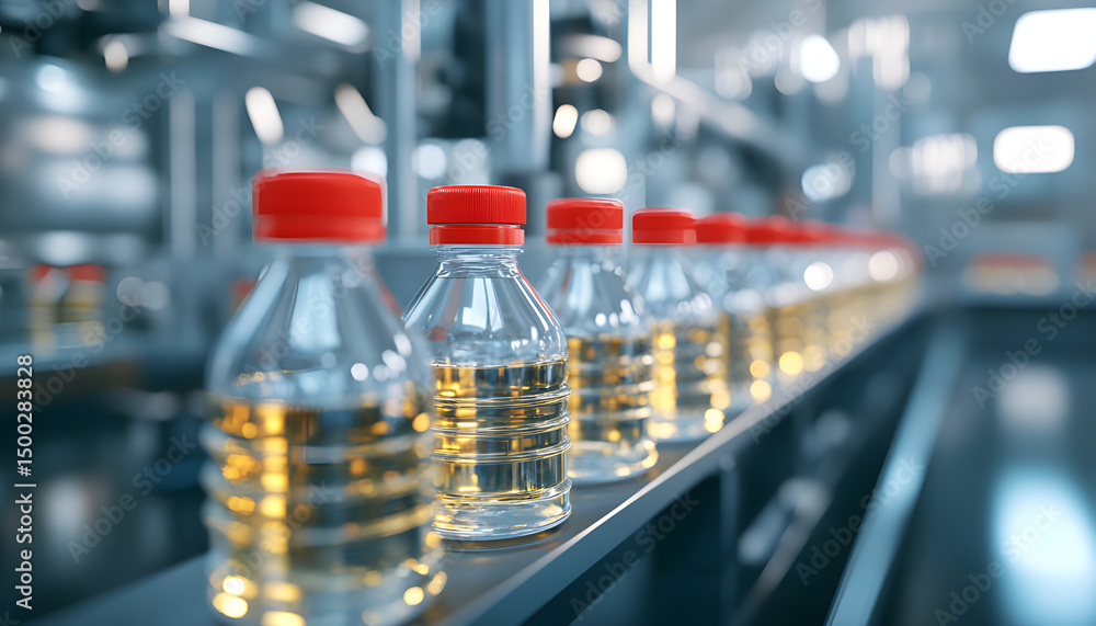 Naklejka premium Rows of oil bottles on an automated production conveyor in a factory