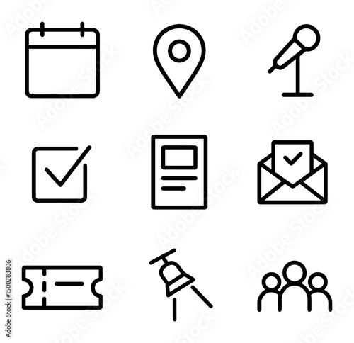 Event Icon Set. Outline icon set of event announcement posters: calendar page, location pin, microphone stand, RSVP checkbox,