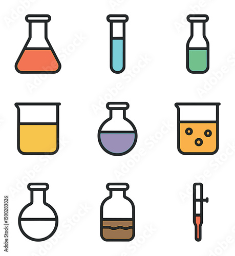 Colorful Chemical Icons. Outline icon set of colorful chemical solutions: red indicator, blue dye, green reagent, yellow solvent,