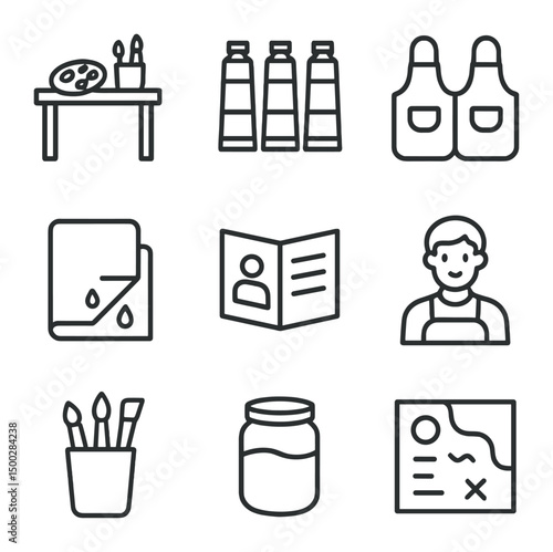 Community Art Workshop Icons. Outline icon set of community art workshop: workshop table, paint tubes, aprons, drop cloth,