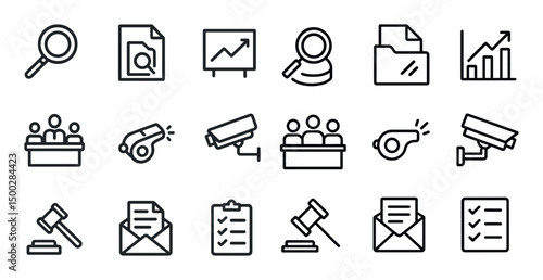 Business and security icons set – line, outline, corporate and surveillance elements