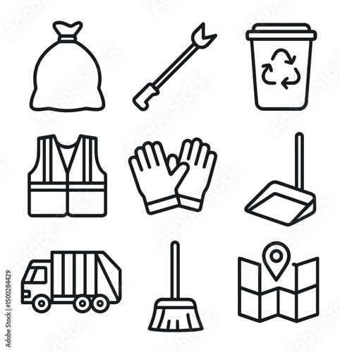 Community Cleanup Icons. Outline icon set of community cleanup: trash bag, litter picker, recycling bin, safety vest, work gloves,