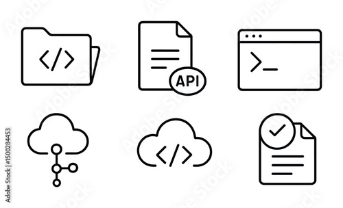 Developer and coding line icons set – outline, tech, programming symbols