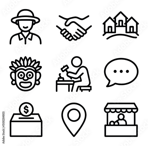 Community Tourism Icons. Outline icon set of community-based tourism: local guide, handshake, village homes, cultural dance mask,