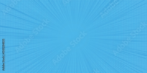 Comic background. Pop art texture. Starburst cartoon style. Anime design with explosion effect for print. Fun dot pattern. Blue backdrop with halftone gradient.