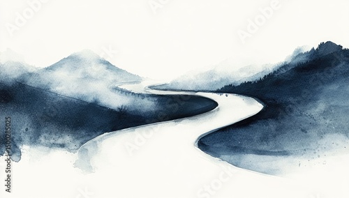 Misty river winding through mountains. Watercolor landscape