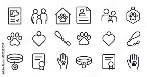 Pet adoption linear icons set – outline, silhouette, animal welfare and care symbols