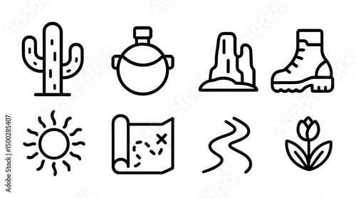 Camping and hiking line icons set – outline, outdoor, adventure symbols for explorers
