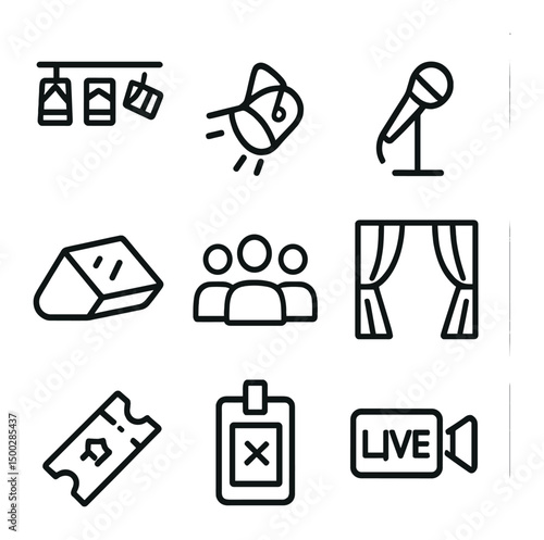 Concert Stage Icons. Outline icon set of concert stage: stage lights, spotlight, microphone stand, stage monitor, audience