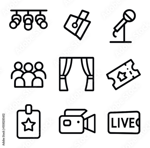 Concert Stage Icons. Outline icon set of concert stage: stage lights, spotlight, microphone stand, stage monitor, audience