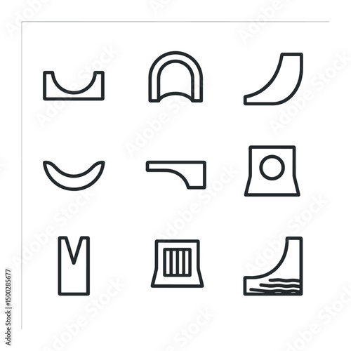 Concrete Drainage Icons. Outline icon set of curved concrete drainage elements: channel drain, culvert arch, spillway curve, swale