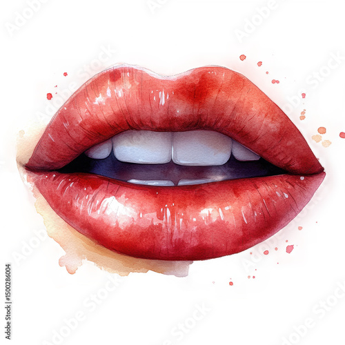 Red lips watercolor painting illustration beautiful mouth and white teeth on transparent background