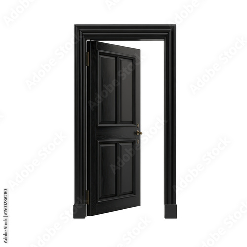 Open black door with frame isolated on transparent background