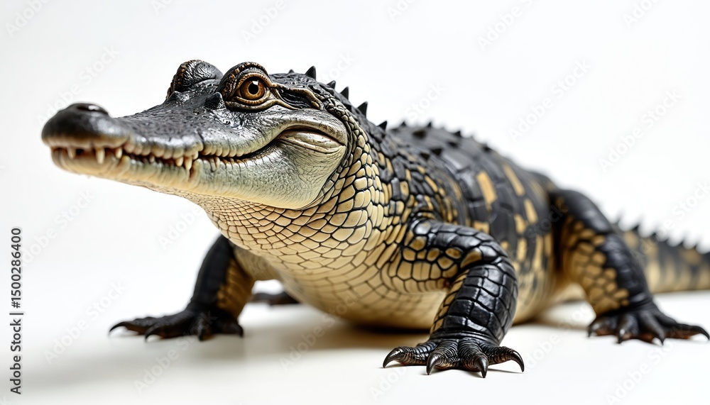 Fototapeta premium American alligator isolated on white background. Reptile showing teeth. Alligator reptile head, eye and textured skin details. Predator dangerous wild animal close up shot.