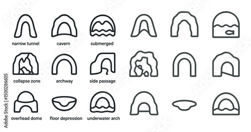 Cave structure outline icons set – tunnels, caverns, geological formation symbols