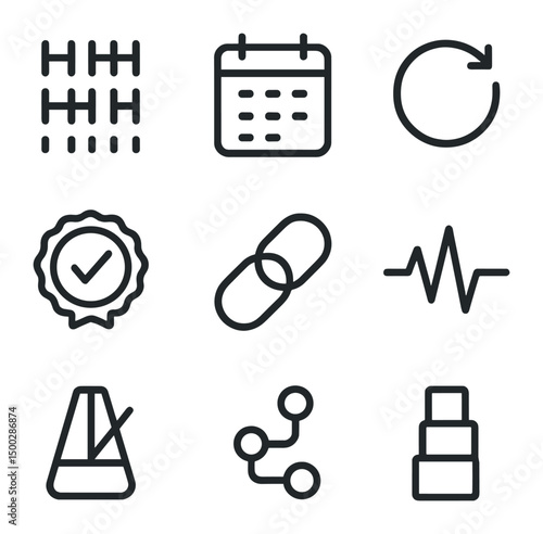 Consistency Icon Set. Outline icon set of consistency and predictability: repeating pattern, schedule calendar, rotating arrow,