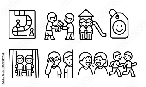 Childhood and play outline icons set – silhouette, kids, playground fun symbols