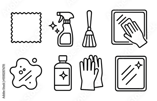 Cleaning essentials outline icons set – linear, hygiene, sanitation symbols