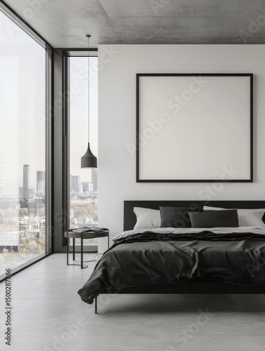 Wallpaper Mural Photo of a large blank poster frame on the wall in an all-white bedroom with concrete floors and black furniture. Torontodigital.ca