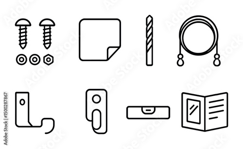 Hardware tools outline icons set – linear, silhouette, construction and diy symbols