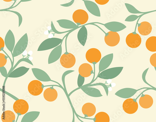 Orange fruit seamless pattern background illustration. Fresh citrus fruit tree branch vector.
