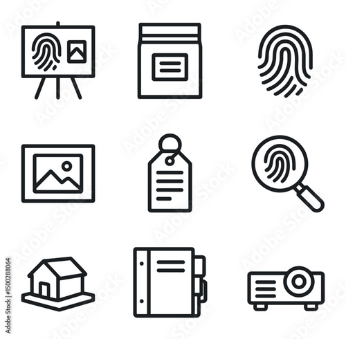 Court Evidence Icons. Outline icon set of evidence presentation in court: exhibit board, evidence bag, fingerprint print, photo