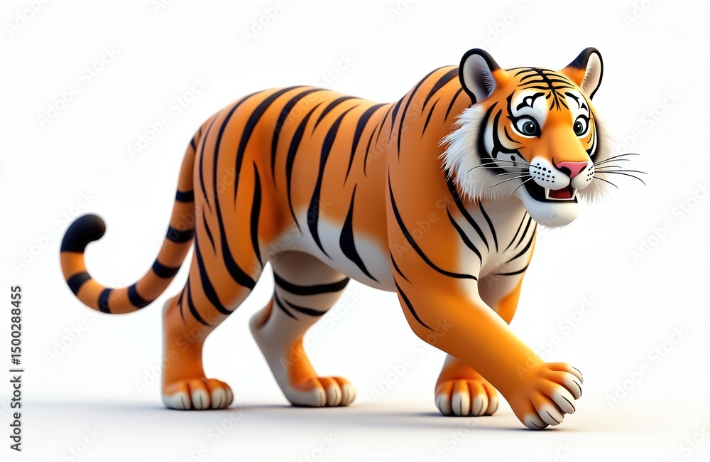 Obraz premium 3D cartoon tiger isolated white background. Orange stripes, cute tiger smiling. Children illustration for print, design, education. Funny animal concept. Ideal for kids books, educational resources,
