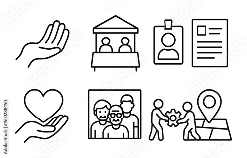Community service outline icons set – volunteer, charity, outreach symbols