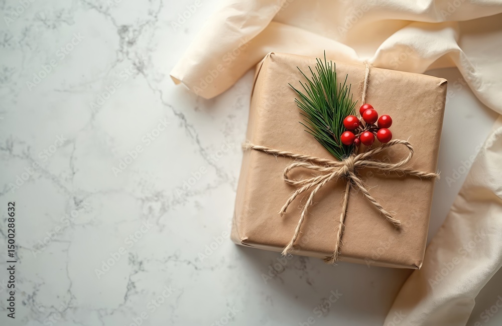 Holiday gift wrapped with eco-friendly craft paper twine. Decorated with red berries, green fir tree. Minimalist design, perfect for Christmas New Year, festive occasion. Concept of giving, receiving Holiday gift wrapped with eco-friendly craft paper twine. Decorated with red berries, green fir tree. Minimalist design, perfect for Christmas New Year, festive occasion. Concept of giving, receiving